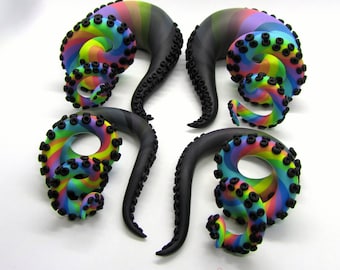 The Pastel Goth Tentacle Black Rainbow Gauges / earrings / plugs/ fake gauges 8g, 6g , 2g, 0g, 00g, 3/8", 1/2", 9/16", 5/8", 3/4",7/8", 1"
