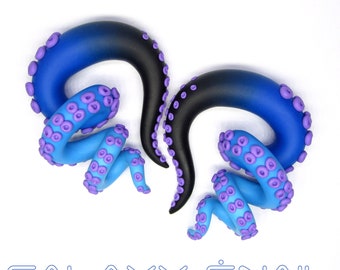 The Pastel Goth Tentacle Black and Blue Gauges / earrings / plugs/ fake gauges 8g, 6g , 2g, 0g, 00g, 3/8", 1/2", 9/16", 5/8", 3/4",7/8", 1"