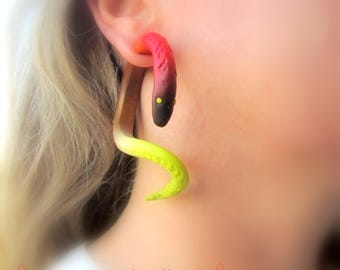 May include: A pair of unique snake-shaped earrings. The earrings feature a gradient of colors, starting with red at the top, transitioning to black, and ending with yellow-green. The earrings have a textured surface and a small yellow dot for the eye.