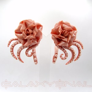 Rose Gold Octopus Tentacle Flower Earrings: Fake Gauges