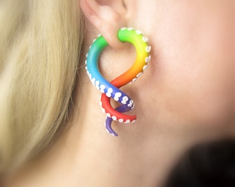 Rainbow Pastel Goth Tentacle Gauges - Octopus Plugs or Fake Gauge Earrings 6G-1” - Alt Sea Creature Statement Jewelry