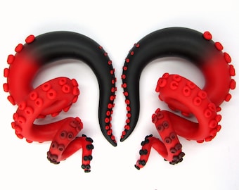 Pastel Goth Tentacle Gauges: Black and Red Polymer Clay Plugs
