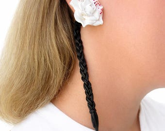 Dilatadores falsos de rosa blanca medianoche - Dilatadores trenzados góticos - Joyería romántica de la Academia Dark