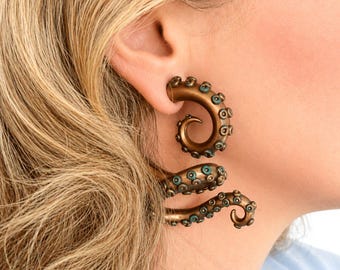 Bronze Asymmetrical Tentacle Gauges - Emerald Patina Octopus Earrings 6g-1"