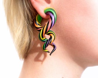 Black Rainbow Striped Spiral Fake Gauges Neon Cyber Goth Pride Faux Plugs