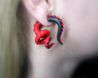 Small The Tentacles Black and Red Gauges earrings, plugs, fake gauges 8g, 6g , 2g, 0g, 00g, 3/8", 1/2"