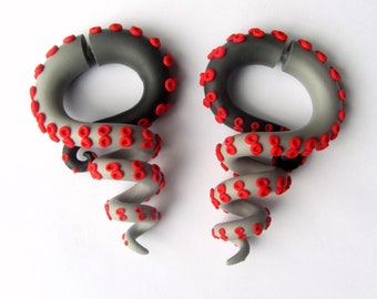 6g-1" Grey Black Tentacle Fake Gauges Red Sucker Plugs Titanium Post