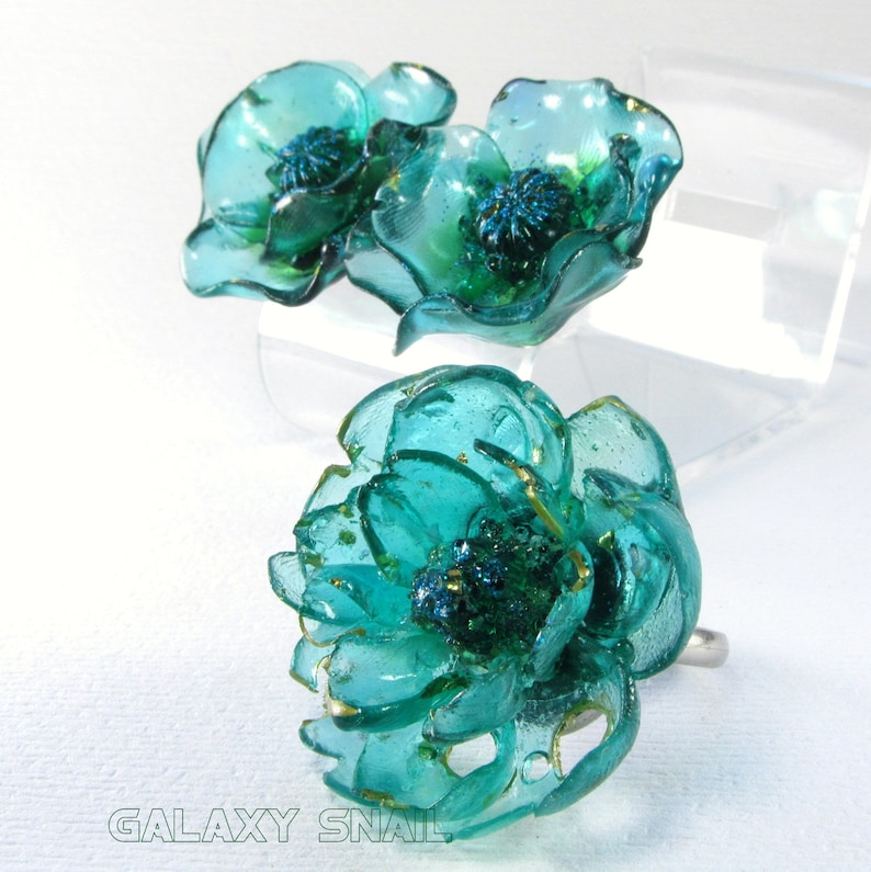 Jewelry Set Ring Earrings The Mermaid Flowers Size Ring adjustment 4 US 8 US