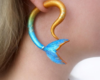 Mermaid Tail Earrings, Gold and Blue Resin Plugs or Fake Gauges