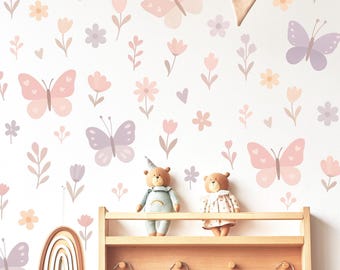 Flower Butterfly Wall Decal Boho Nursery Wall Decal Sticker Fabric Removable Nursery Decals Neutral Kid Room Decor Gift For Her Wall Art