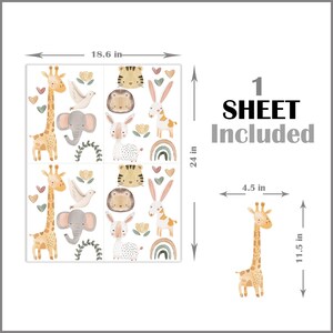 May include: A sheet of 18.6 by 24 inch animal wall decals. The decals feature a giraffe, elephant, bunny, and tiger in a watercolor style. The sheet includes 1 sheet of decals.
