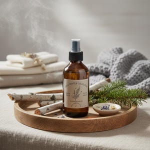 May include: A brown glass bottle of "Cold Winter Collective" room and linen spray, labeled "Winter Birch," sits on a wooden tray with birch branches, greenery, and a small dish of dried flowers. A stack of folded white towels and a gray knitted blanket are in the background.