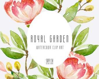 Hand Painted - Royal garden - Watercolor floral clipart - Isolated elements - Flourish, peony, flowers, romantic, wedding, country, leaves