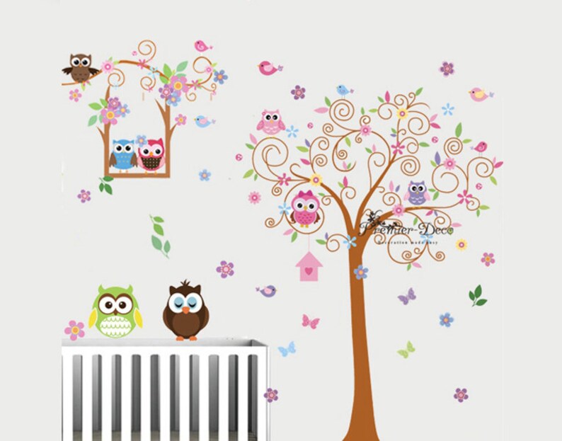 Scroll tree Cute Animals Owl Squirrel Flower Removable Vinyl Wall Sticker