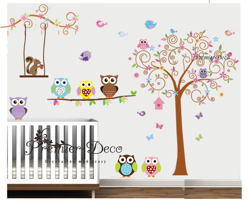 Scroll tree Cute Animals Owl Squirrel Flower Removable Vinyl Wall Sticker