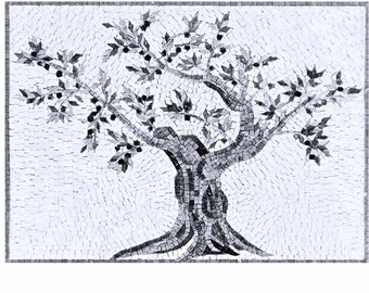 Olive Tree Black white and Gray Backsplash Mosaic Tile Handcrafted Mosaic,Customization available Indoor/Outdoor Ok.