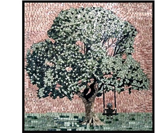 Oak Tree with Kid Swinging Marble Mosaic Mural Kitchen Backsplash Tiles. Handcrafted Mosaic, Indoor/Outdoor Ok. Handcrafted Roman Mosaics