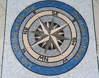 Custom Marble Mosaic Compass Rose Medallion: Indoor/Outdoor Flooring