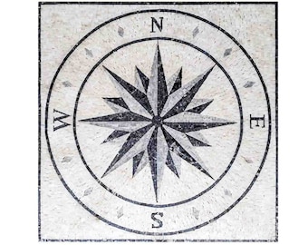 Hand Cut Marble Mosaic Medallion Tile: Compass Rose Design