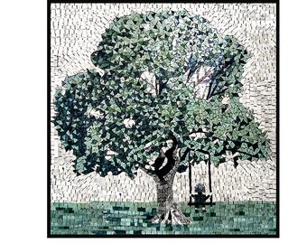 Oak Tree with Kid Swinging Marble Mosaic Mural Kitchen Backsplash Tiles. Handcrafted Mosaic, Indoor/Outdoor Ok. Handcrafted Roman Mosaics