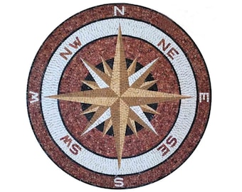 Handcut Marble Mosaic Tile: Round Compass Rose Medallion