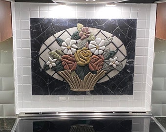 3D Flower Backsplash Mural Marble Mosaic Art Tiles. Handcrafted Mosaic, Customization available, Indoor/Outdoor Ok. Handcrafted