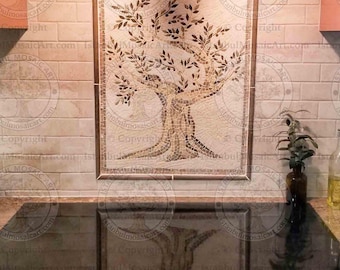 Olive Tree Backsplash Mural Marble Mosaic Tiles. Handcrafted Mosaic, Customization available, Indoor/Outdoor Ok. Handcrafted Roman Mosaics