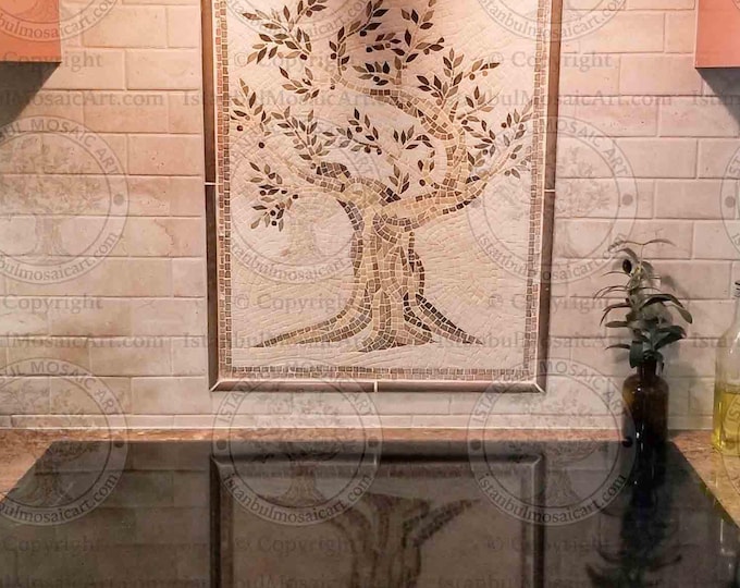 Featured listing image: Olive Tree Backsplash Mural Marble Mosaic Tiles. Handcrafted Mosaic, Customization available, Indoor/Outdoor Ok. Handcrafted Roman Mosaics