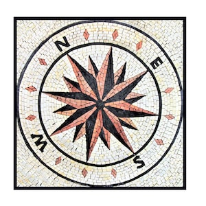 Square Compass Rose Marble Mosaic Medallion Tiles. Hand cut Mosaic, Customization available, Indoor/Outdoor Ok. Roman Mosaics