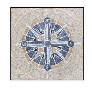 Square Compass Rose Nautical Marble Mosaic Medallion Tiles. Customization available, Handcrafted and Handcut Roman Mosaics.