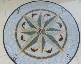 Handcut Marble Mosaic Medallion: Compass Rose Nautical Flooring Tile