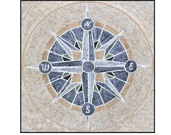 Handcut Marble Mosaic Medallion: Compass Rose Nautical Tile