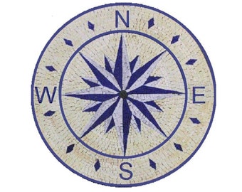 Blue Compass Rose Marble Mosaic Medallion: Nautical Flooring/Wall Tile