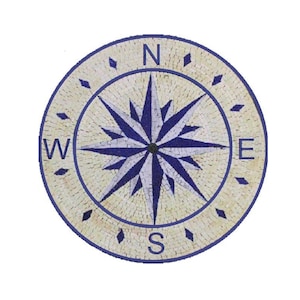 May include: A round compass mosaic with a blue and white star design. The compass points are labeled N, S, E, and W.