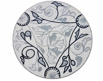 Handcut Marble Mosaic Medallion: Black, White, and Grey Floral Design