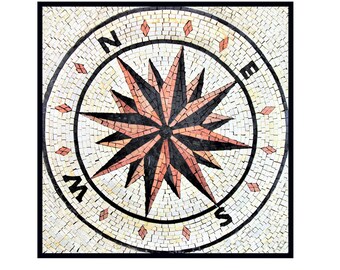 Hand Cut Marble Mosaic Medallion Tile: Compass Rose Design