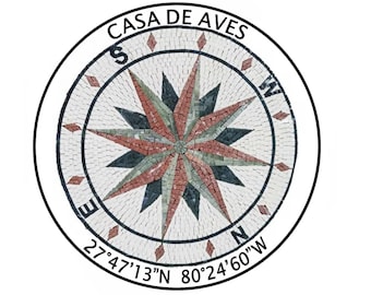 Custom Coordinates Compass Rose Marble Mosaic Tile - Handcrafted