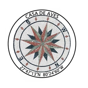 Custom Coordinates Compass Rose Nautical Marble Mosaic Medallion Backsplash or Flooring Tiles. Customization available, Handcrafted mosaics