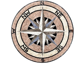 Handcut Marble Mosaic Medallion: Compass Rose Nautical Tile