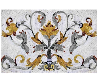 Flower Backsplash Marble Mosaic Tiles. Handcrafted Mural Mosaic, Mosaic Wall Panel, Indoor/Outdoor Ok. Roman Mosaics. Shipping Worldwide