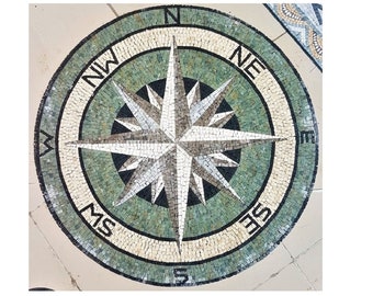Handcut Marble Mosaic Medallion: Compass Rose Nautical Flooring Tile