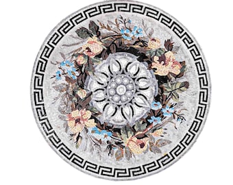 Floral Marble Mosaic Medallion: Handcut Roman Art Tile