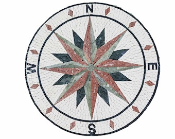Compass Rose Nautical Marble Mosaic Medallion Backsplash or Flooring Tiles. Customization available, Handcrafted and Handcut Roman Mosaics