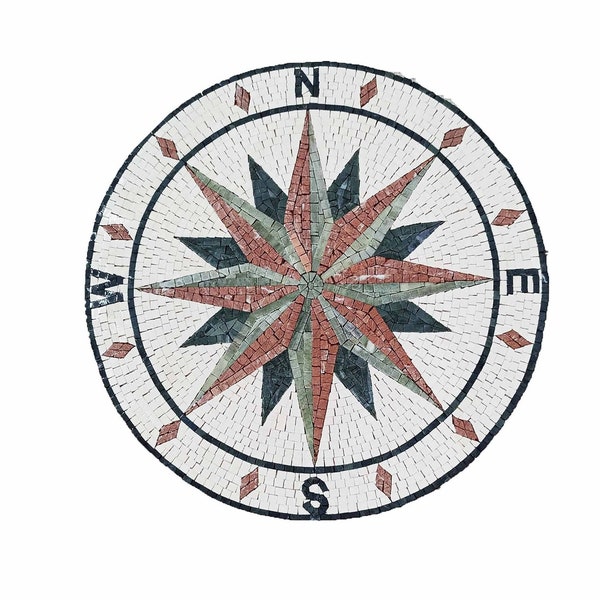 Compass Rose Nautical Marble Mosaic Medallion Backsplash or Flooring Tiles. Customization available, Handcrafted and Handcut Roman Mosaics