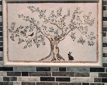 Handcrafted Olive Tree Mosaic Tile Backsplash: Rabbit & Dove Art