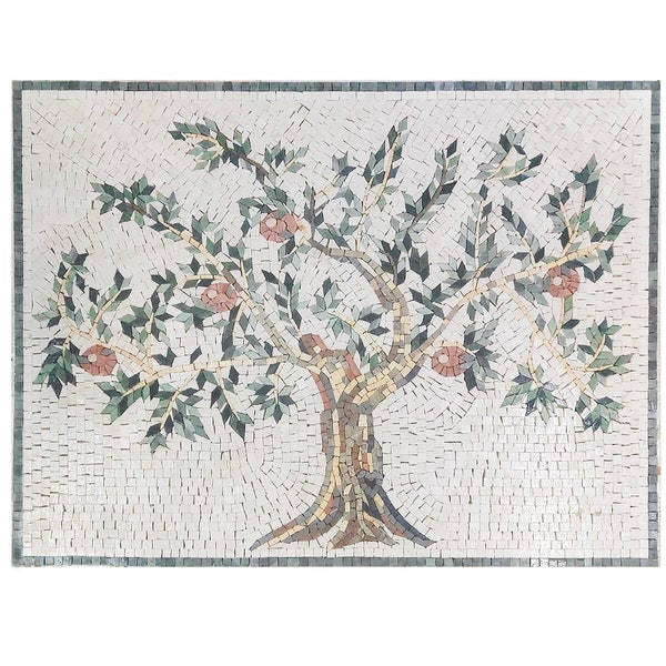 Orange Tree with a Heart Shape on the trunk Backsplash Marble Mosaic Tile, Customization available Indoor/Outdoor Ok. Handcrafted Mosaics