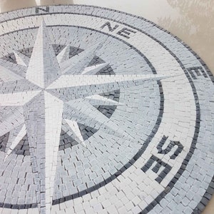 Compass Rose Nautical Black, Grey and White Marble Mosaic Medallion Flooring Tiles. Customization available, Handcrafted Mosaics