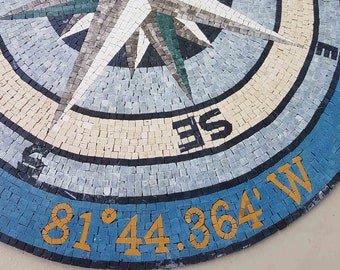 Custom Nautical Compass Rose Mosaic Medallion Tiles, Indoor/outdoor ok. Wall, Backsplash or Flooring with Roman Style Mosaic Art Tiles