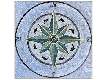 Handcut Marble Mosaic Medallion: Compass Rose Nautical Tile