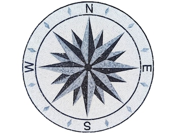 Handcut Marble Mosaic Medallion: Compass Rose Nautical Flooring Tile